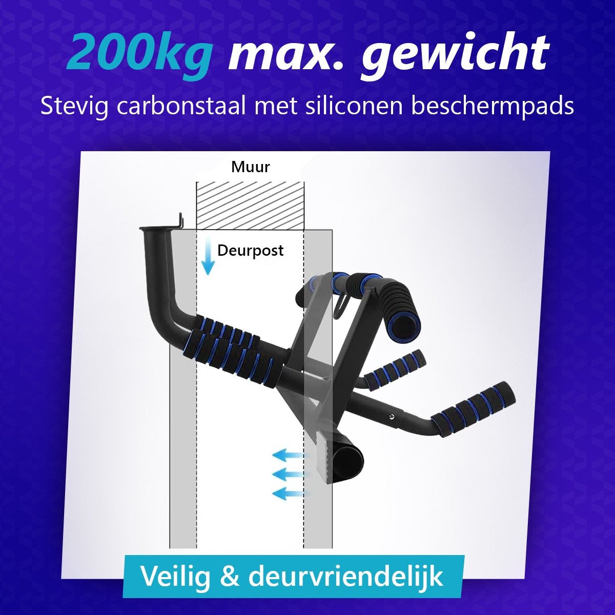 Vitalic Optrekstang (voor DEURPOST van 55 - 92cm breed) Tot 200kg Belastbaar – Pull Up Bar Zonder Boren – Fitness Pull-Up Bar Thuis – Chin Up Bar – Deurrekstok - Dip station