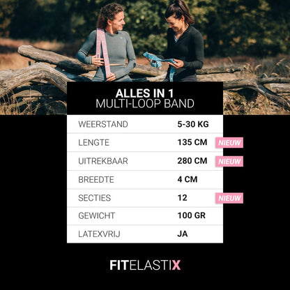 FITELASTIX® Premium Weerstandsband Lang - Voor Elk Niveau - Resistance Band - Sport Elastiek Fitness - Workout Elastiek - Met Handvatten - Thuis Sporten - Weerstand band 5-30kg - Stof - Roze