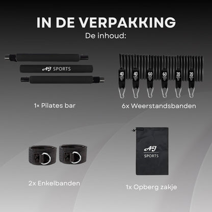 AJ-Sports Weerstandsbanden Set Pro - Pilates Bar - Weerstandsbanden - Fitness Bar - Tot 100 KG Verstelbaar - Pilates Stick - Inclusief 6 Weerstandsbanden - Resistance Band Set - Crossfit - Zwart