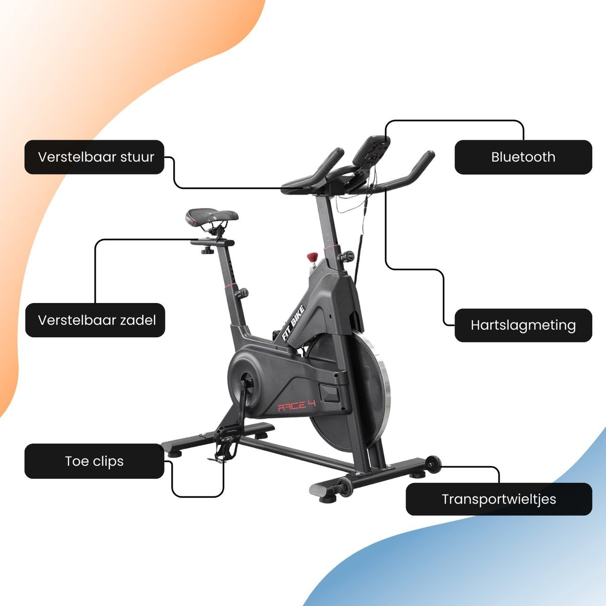 FitBike - Race 4 - Indoor Cycle - Fitness Fiets - Incl. Trainingscomputer - Bluetooth - V-Belt aandrijving