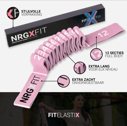 FITELASTIX® Premium Weerstandsband Lang - Voor Elk Niveau - Resistance Band - Sport Elastiek Fitness - Workout Elastiek - Met Handvatten - Thuis Sporten - Weerstand band 5-30kg - Stof - Roze