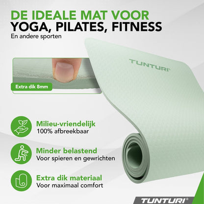 Tunturi Yoga Mat 8mm - Pilates mat - Extra dikke fitness mat - 183x61x0,8 cm - Incl Draagtas - Ecologisch materiaal - Eenvoudig te reinigen - Mint