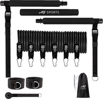 AJ-Sports Weerstandsbanden Set Pro - Pilates Bar - Weerstandsbanden - Fitness Bar - Tot 100 KG Verstelbaar - Pilates Stick - Inclusief 6 Weerstandsbanden - Resistance Band Set - Crossfit - Zwart
